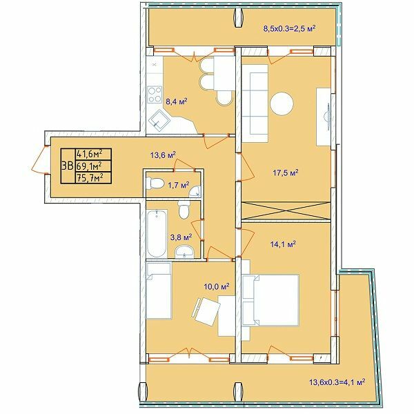 3-кімнатна 75.7 м² в ЖК Aqua Marine від 25 056 грн/м², Одеса