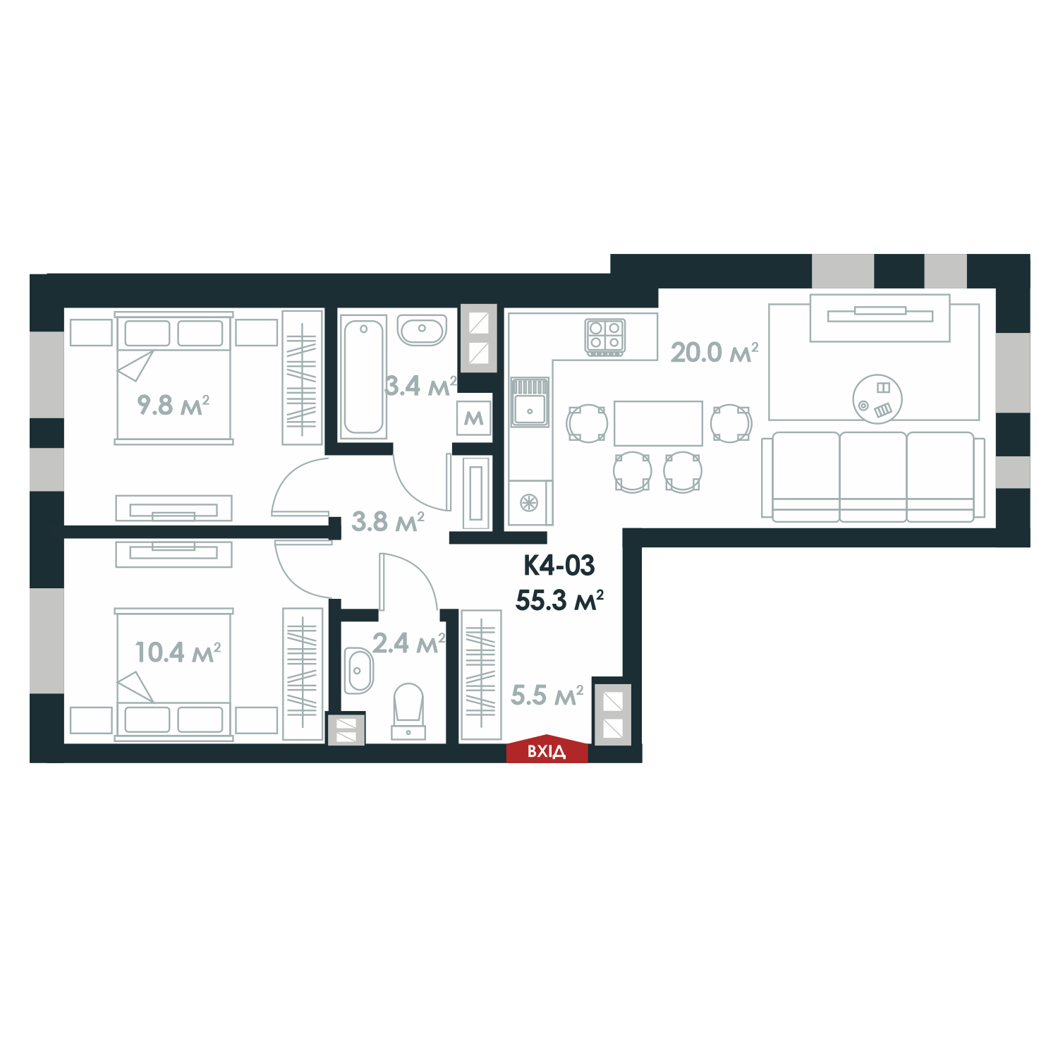 2-кімнатна 55.3 м² в ЖК Atria City.Teremky від 29 200 грн/м², смт Чабани