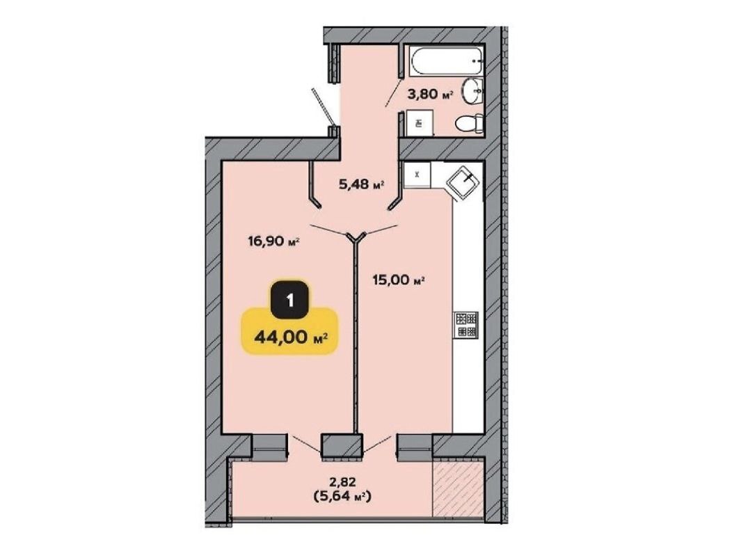 Продаж 1-кімнатної квартири 44 м², Інститутська вул.