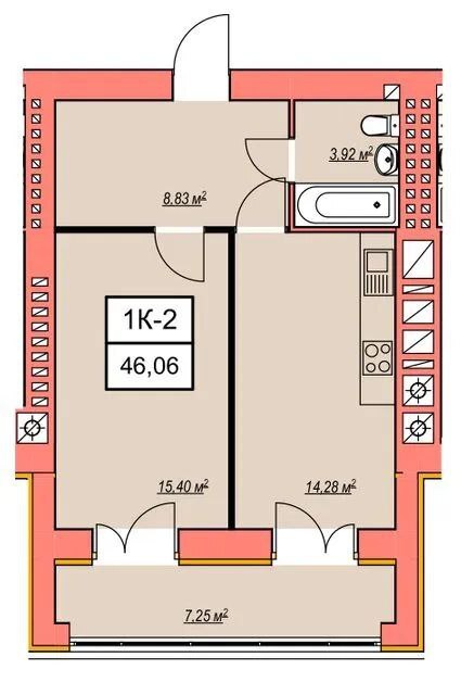 Продажа 1-комнатной квартиры 46.06 м², Озерная ул.