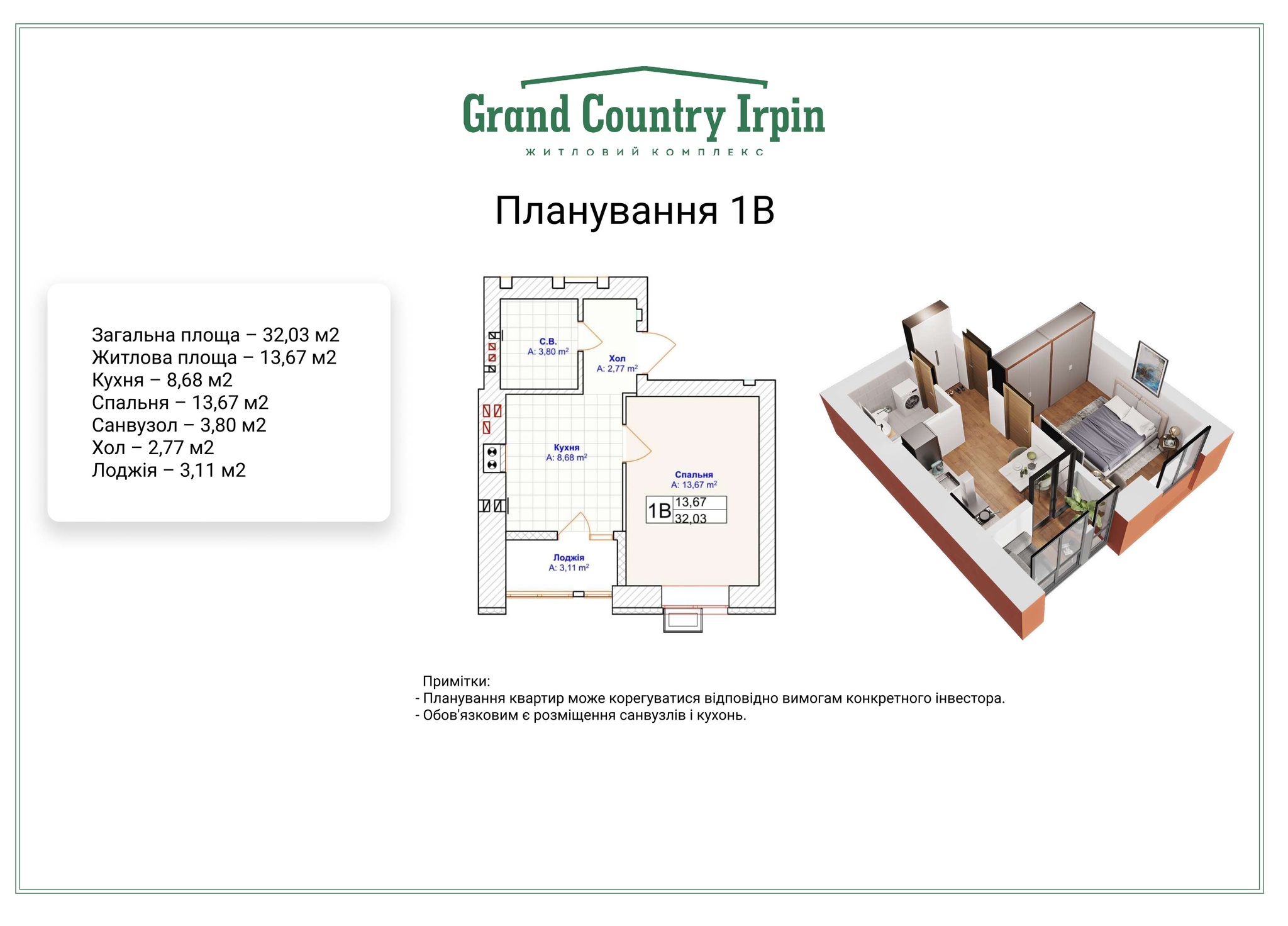 Продажа 1-комнатной квартиры 32.03 м², ЖК Grand Country Irpin, ДОМ 4