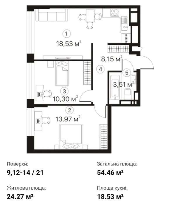 Продаж 2-кімнатної квартири 54 м², Чернігівська вул.