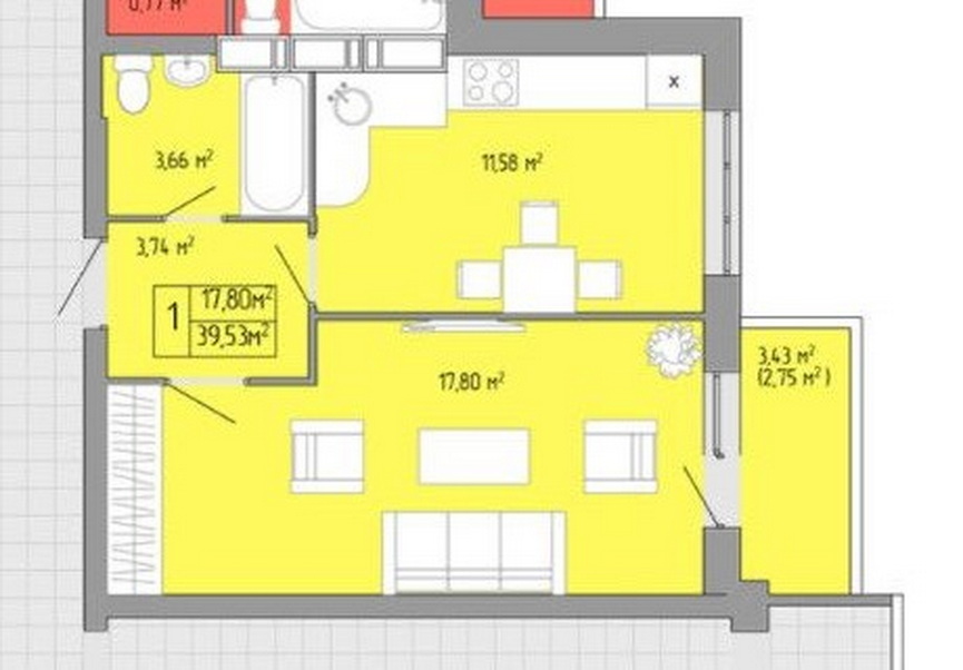 Продаж 1-кімнатної квартири 39.5 м², ЖК Акварель-3, Секції 1-3