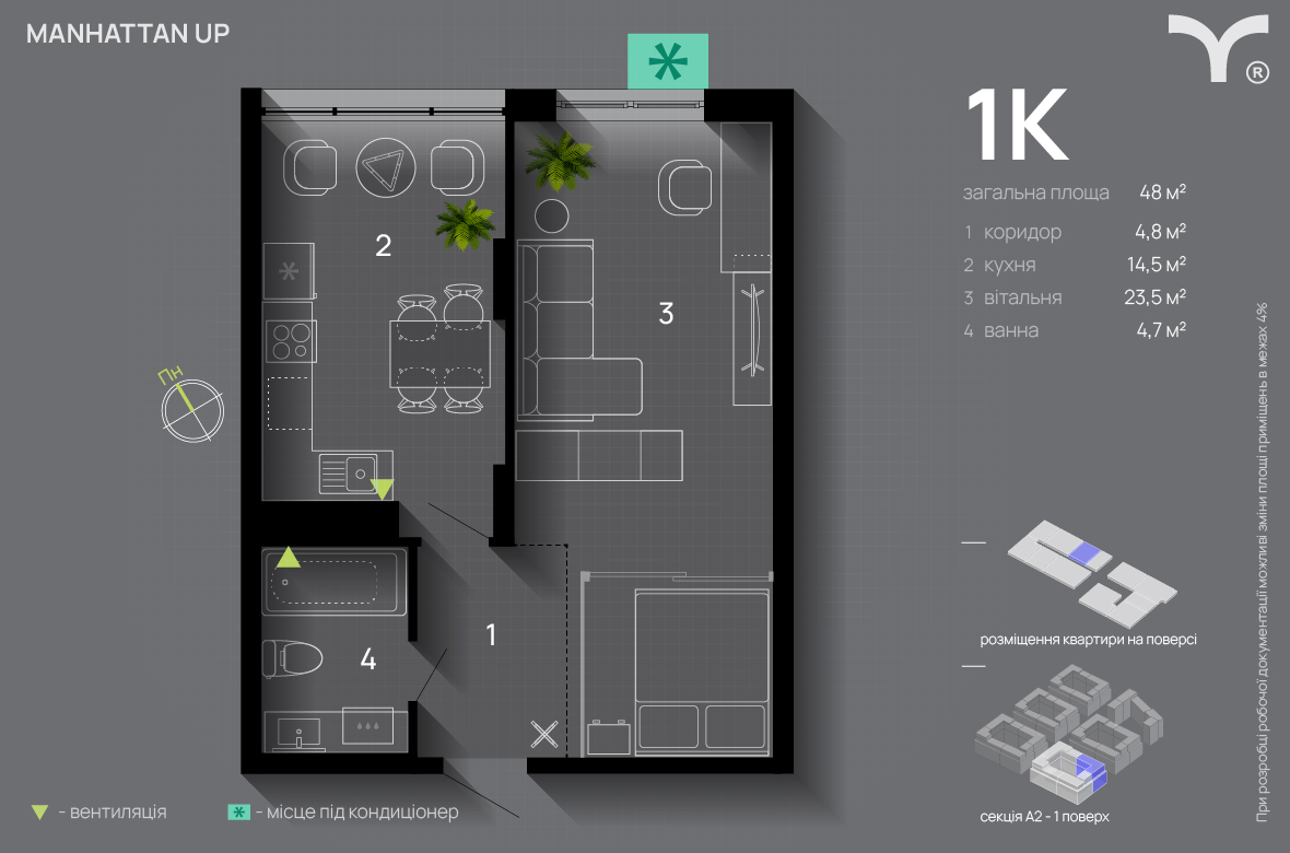 1-кімнатна 48 м² в ЖК Manhattan Up від 33 200 грн/м², Івано-Франківськ