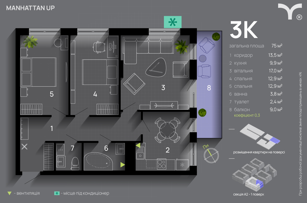 3-комнатная 75 м² в ЖК Manhattan Up от 33 200 грн/м², Ивано-Франковск