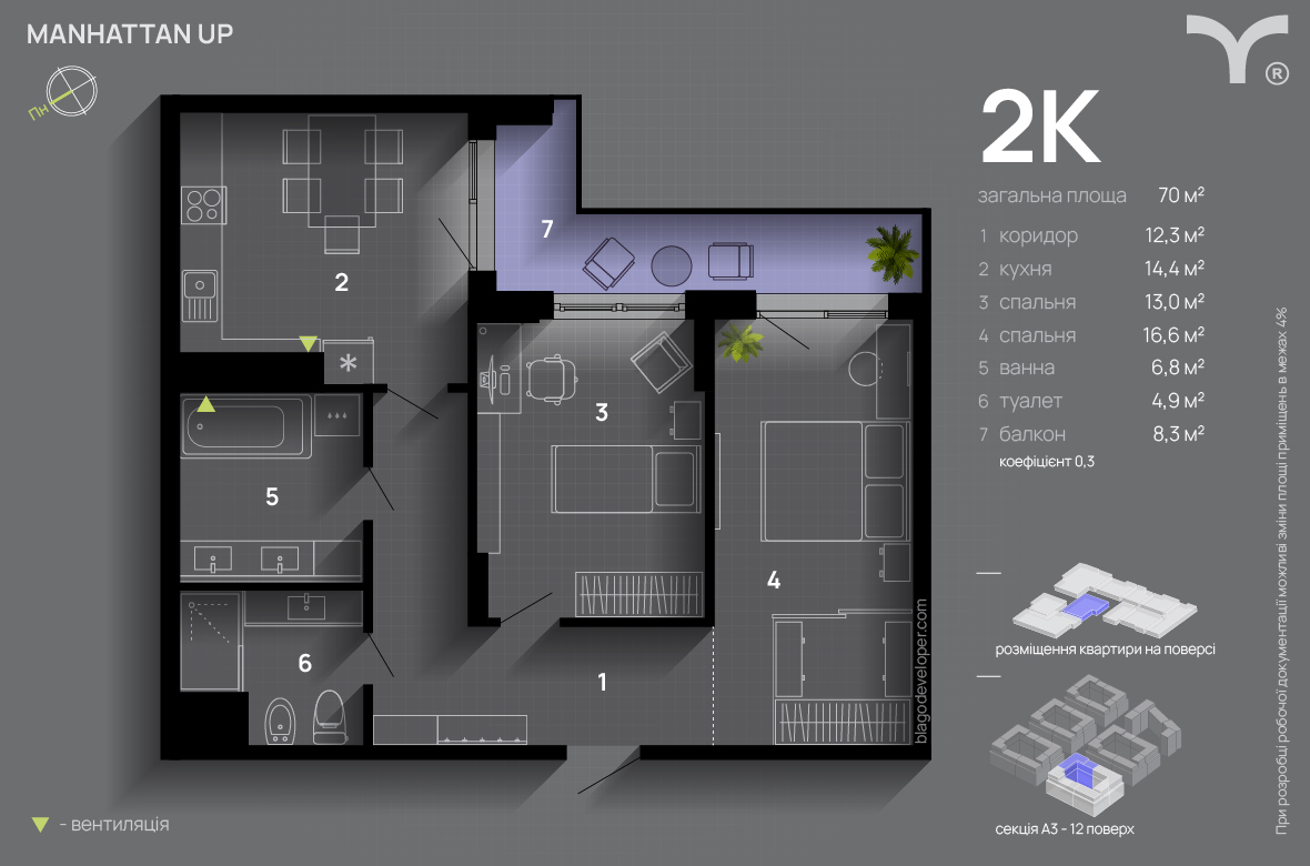 2-кімнатна 70 м² в ЖК Manhattan Up від 32 600 грн/м², Івано-Франківськ