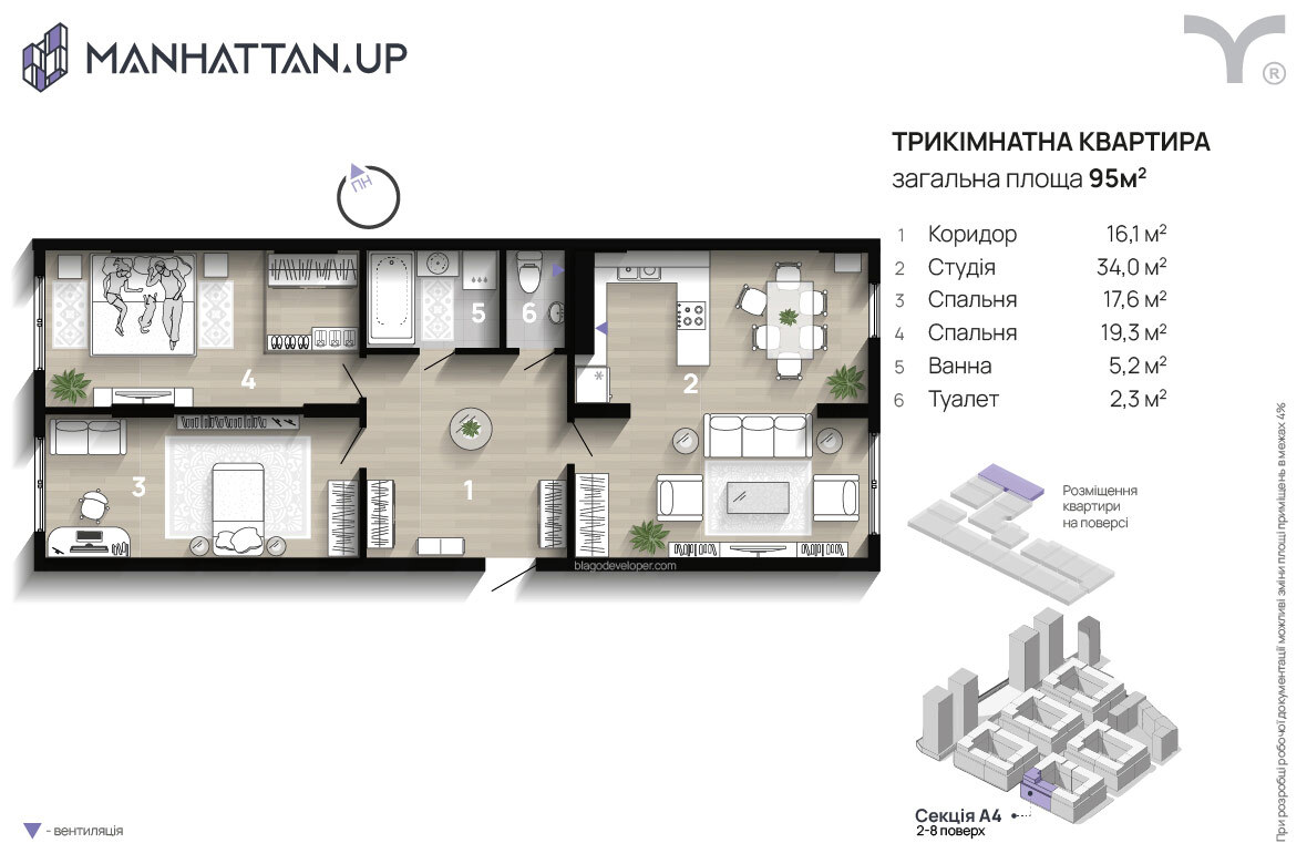 3-кімнатна 95 м² в ЖК Manhattan Up від 33 000 грн/м², Івано-Франківськ