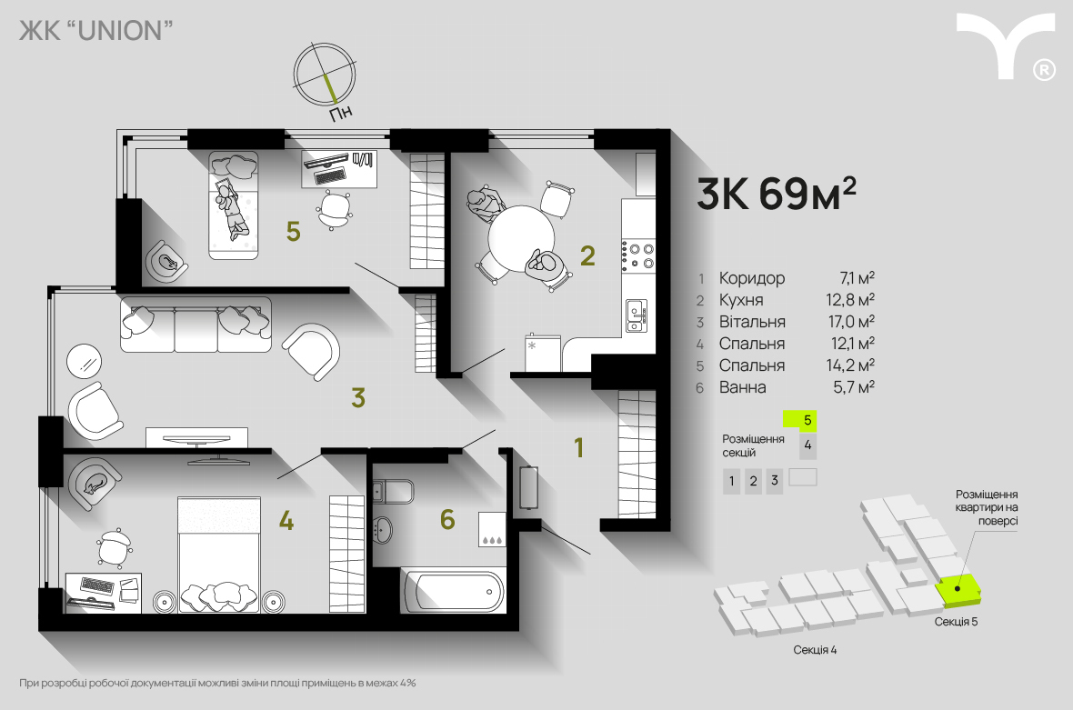 2-комнатная 69 м² в ЖК Union от 32 200 грн/м², Ивано-Франковск