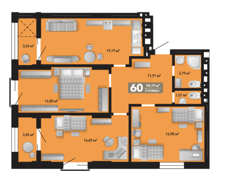 3-кімнатна 94.19 м² в ЖК Весняний від 36 417 грн/м², м. Винники