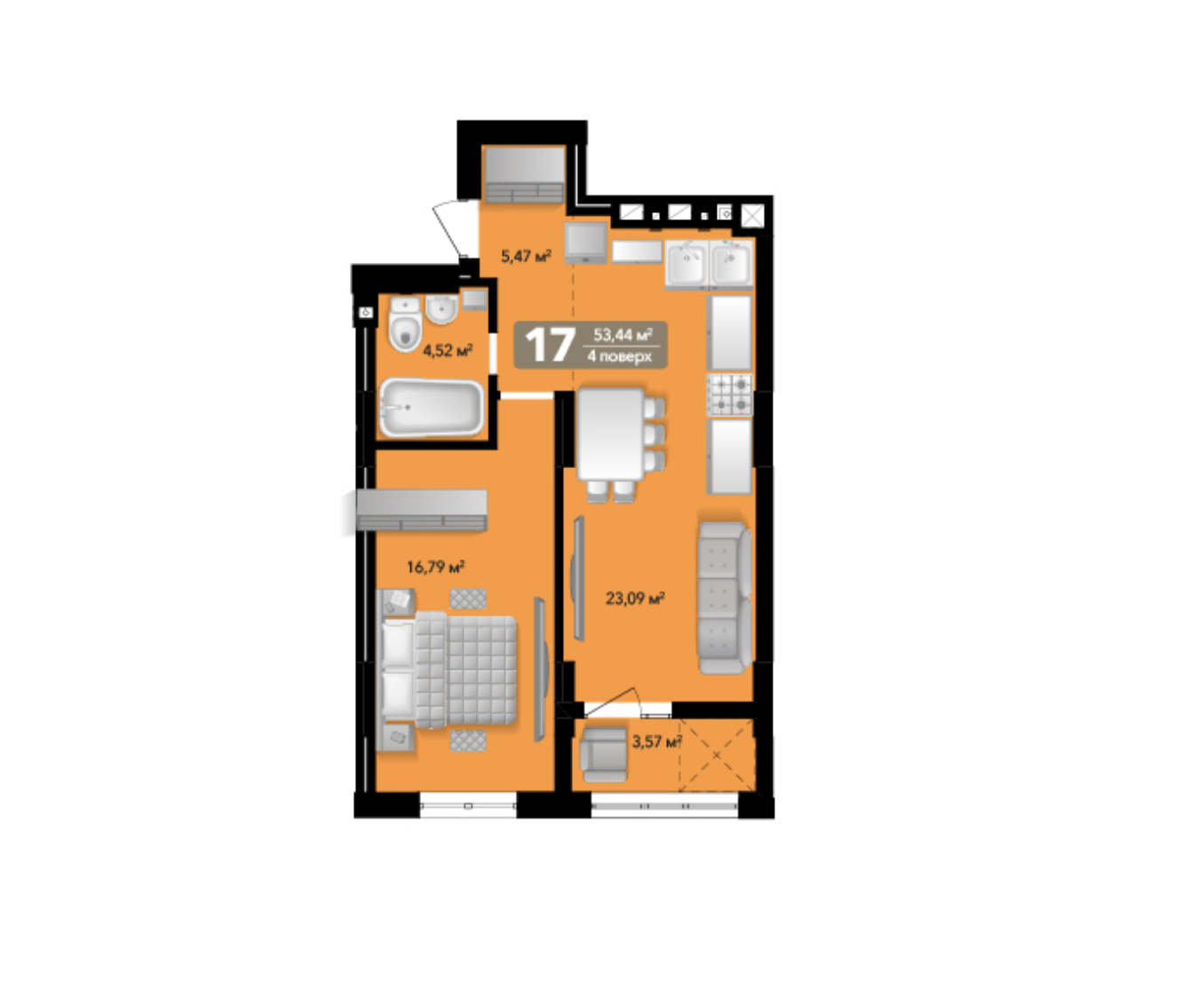 Продаж 1-кімнатної квартири 53.44 м², ЖК Весняний, Будинок 1 (Секції 3-4)