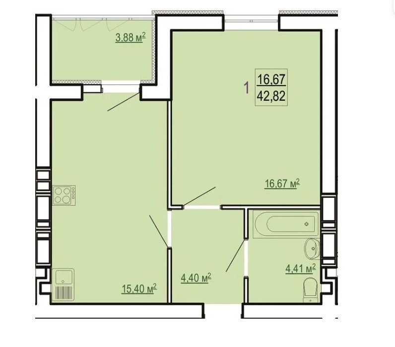 Продаж 1-кімнатної квартири 41.31 м²
