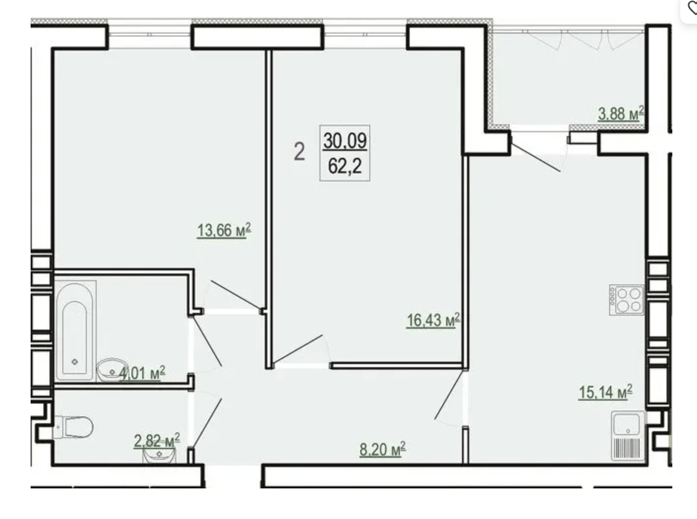 Продажа 2-комнатной квартиры 63.75 м²