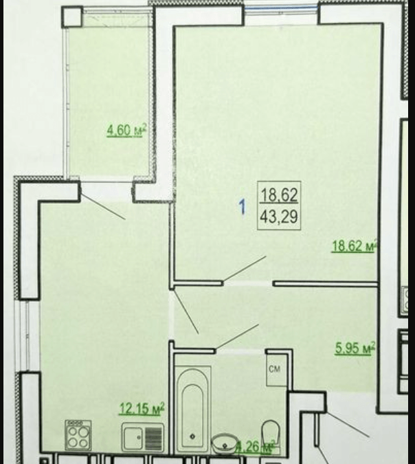 Продажа 1-комнатной квартиры 43.29 м²