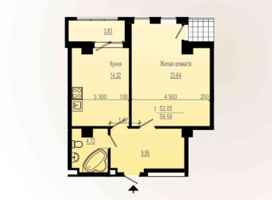 Продаж 1-кімнатної квартири 57 м²