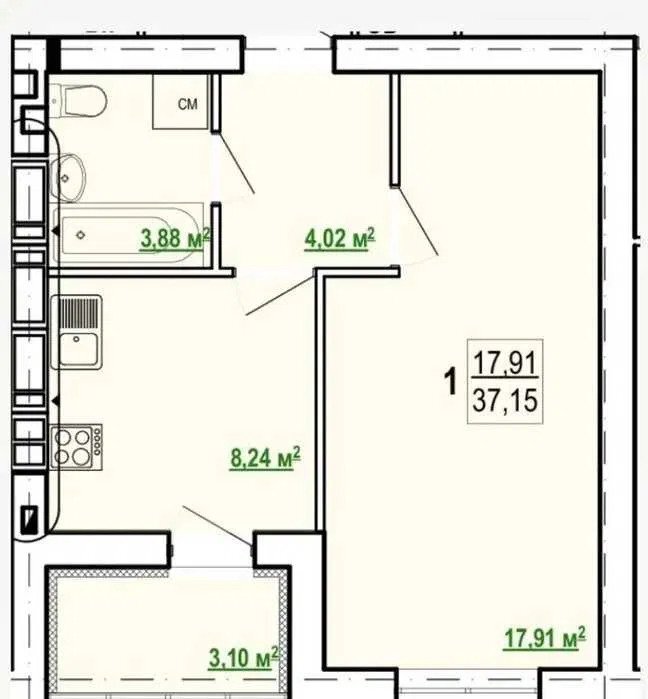 Продаж 1-кімнатної квартири 37.5 м²