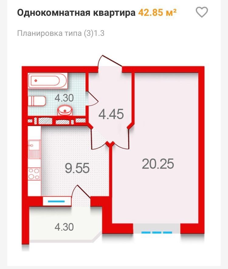 Продаж 1-кімнатної квартири 44 м²