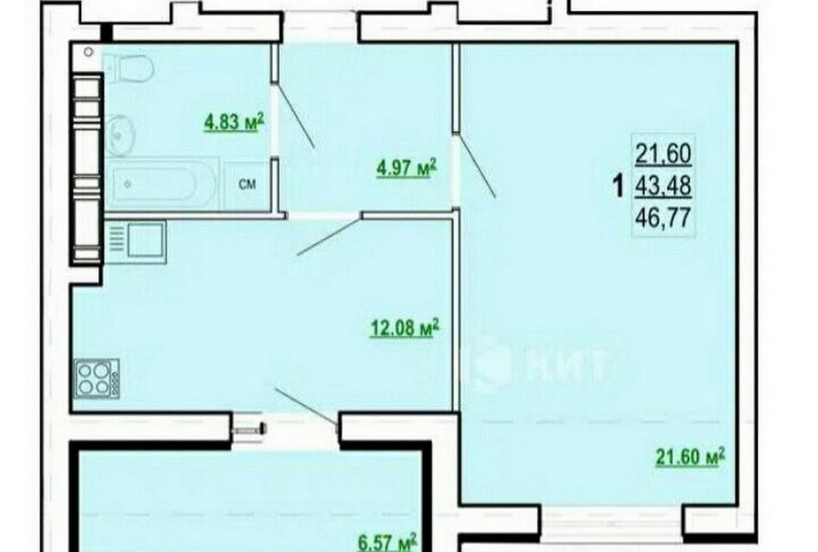 Продажа 1-комнатной квартиры 47 м²