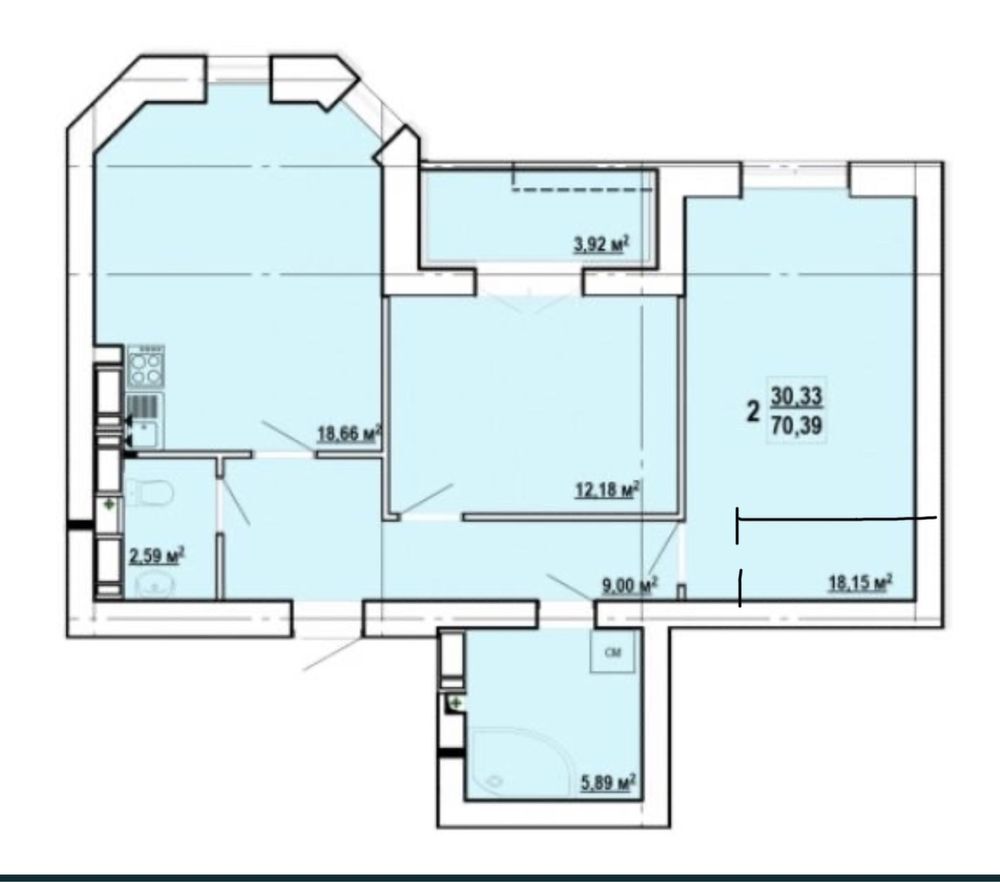 Продажа 2-комнатной квартиры 70 м²