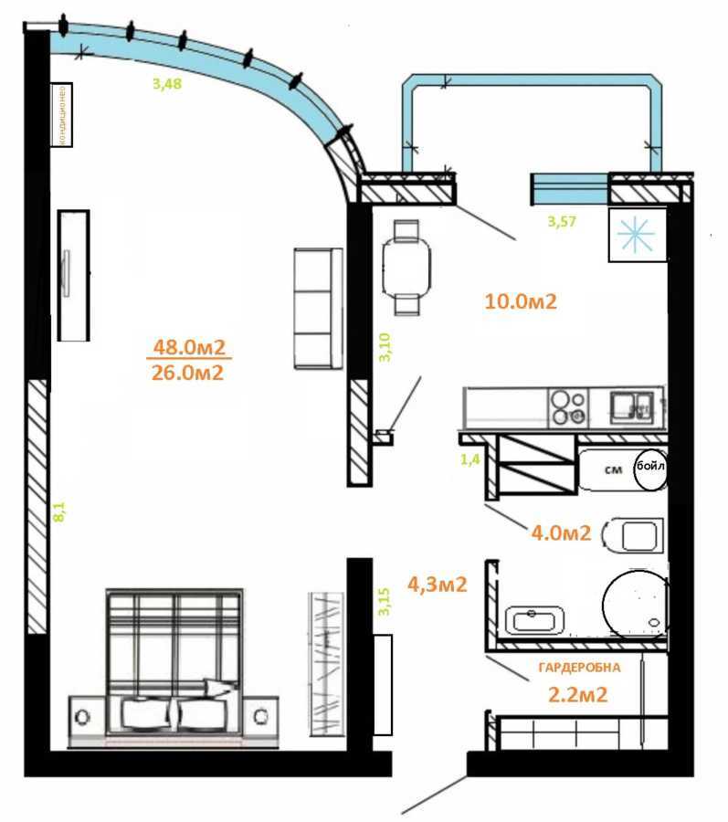 Продаж 1-кімнатної квартири 48.6 м², Харківське шосе, 19А