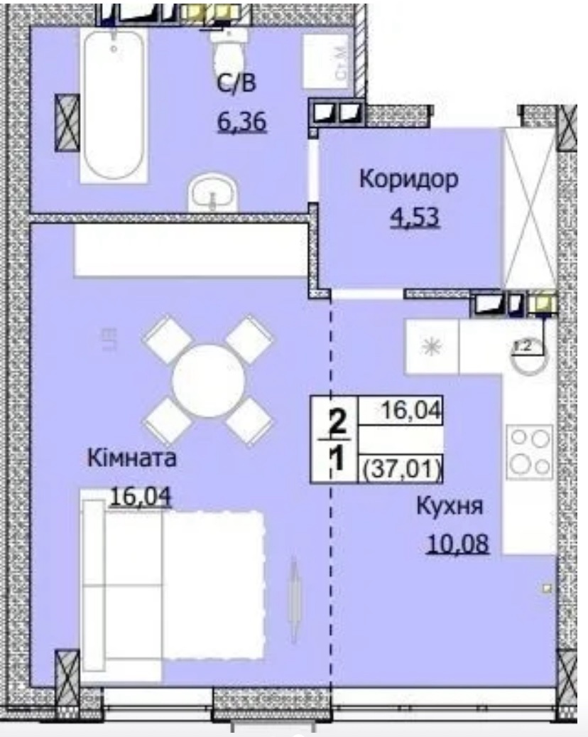 Продажа 1-комнатной квартиры 37 м²