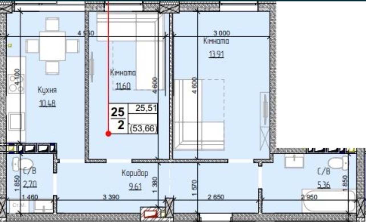 Продаж 2-кімнатної квартири 54 м²