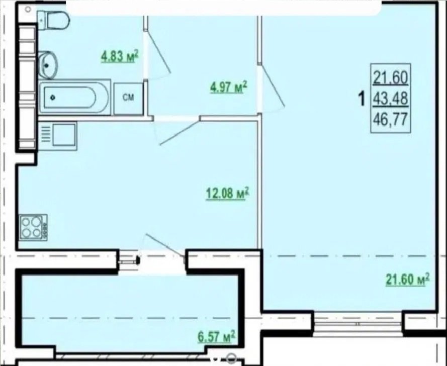 Продажа 1-комнатной квартиры 46 м²