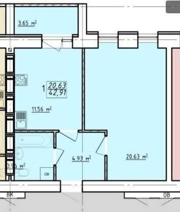 Продаж 1-кімнатної квартири 43 м²