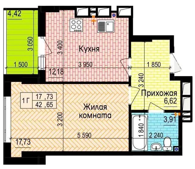 Продажа 1-комнатной квартиры 43 м²