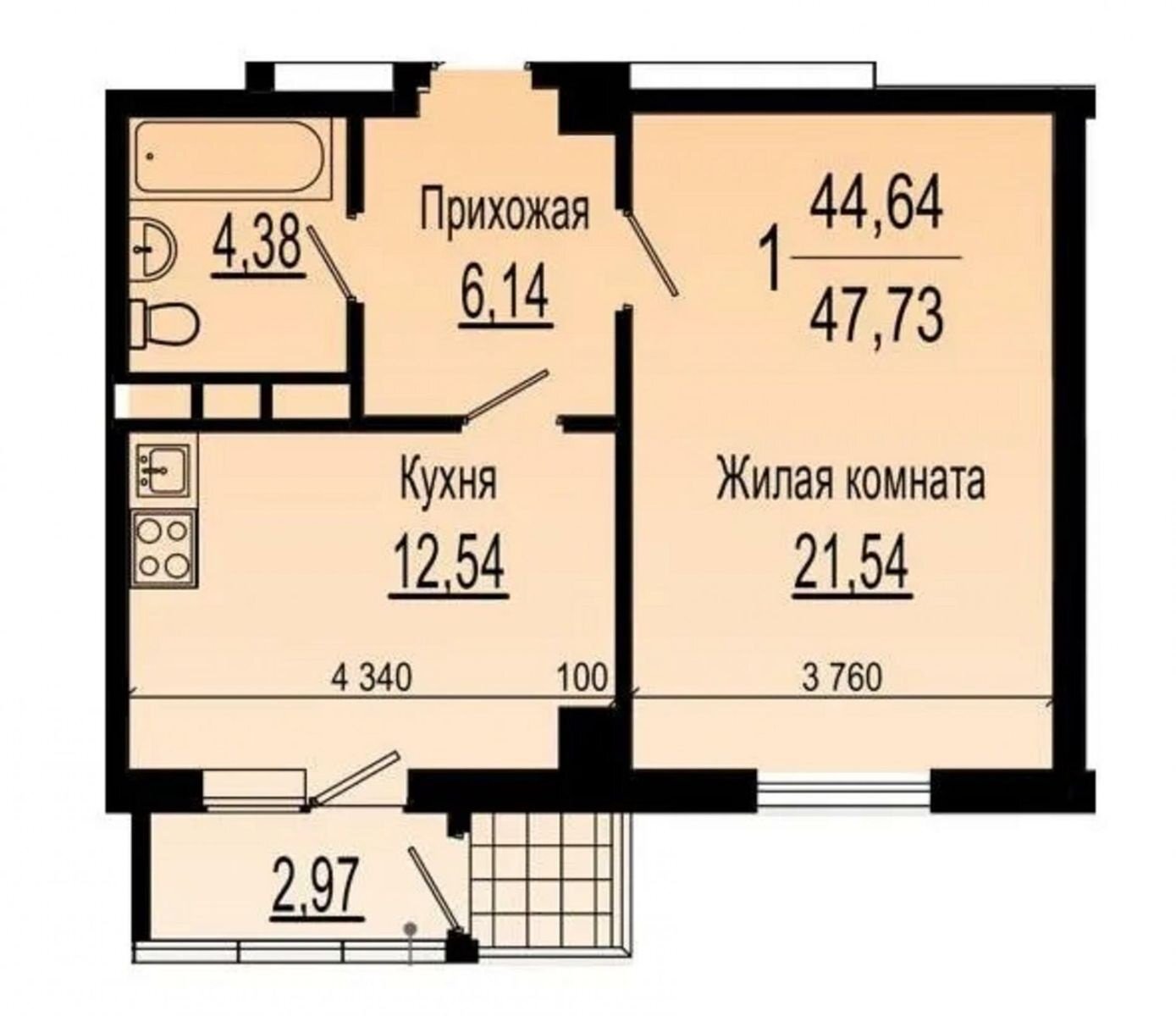 Продаж 1-кімнатної квартири 47 м²