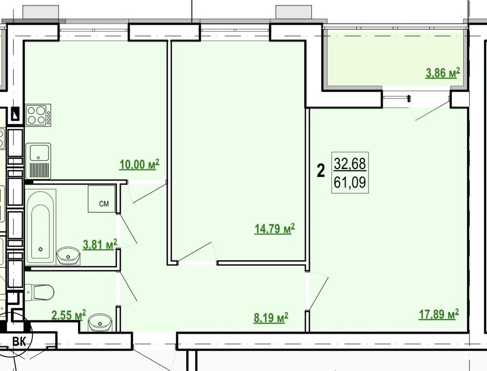 Продаж 2-кімнатної квартири 61 м²