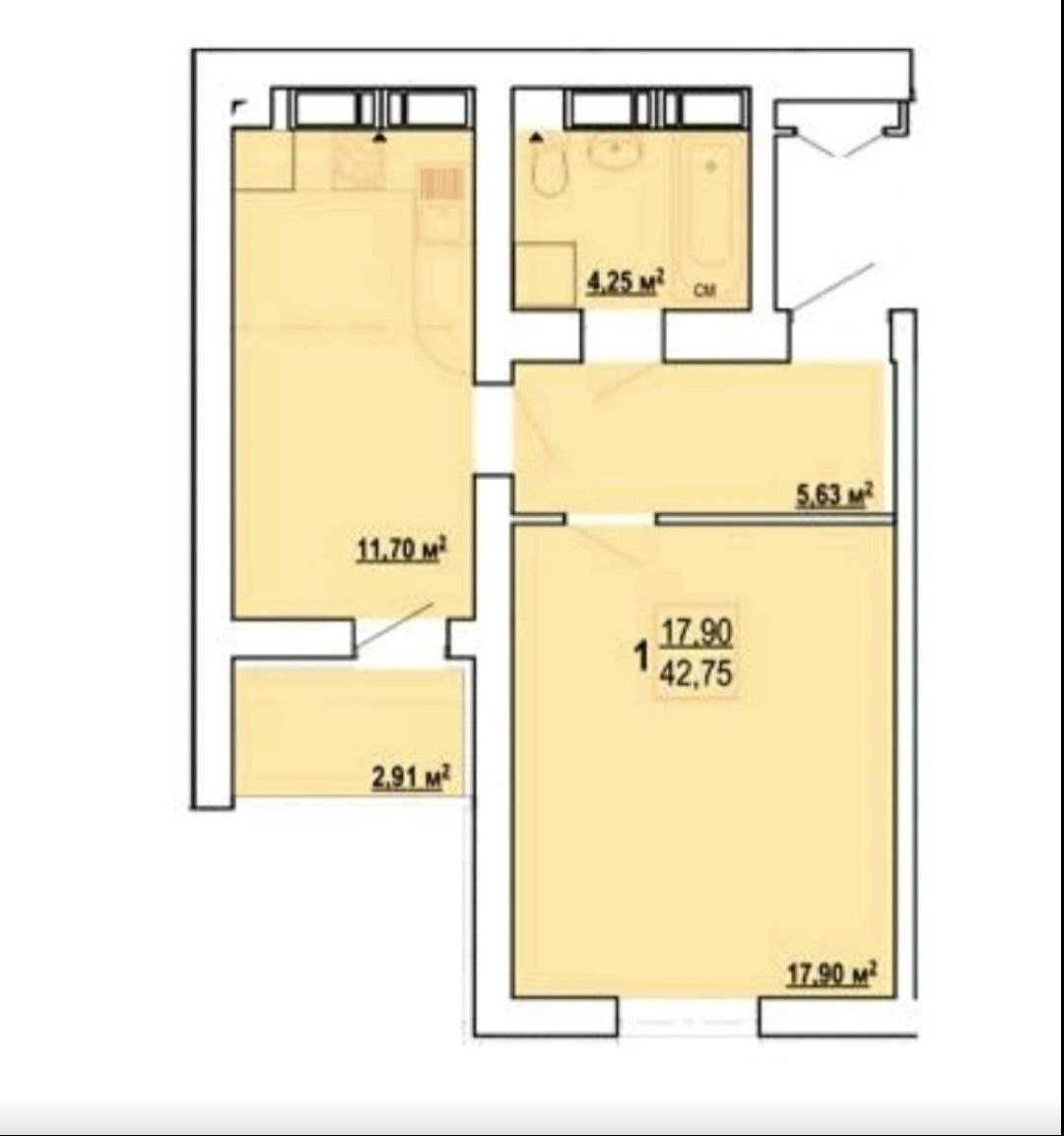 Продаж 1-кімнатної квартири 42 м²