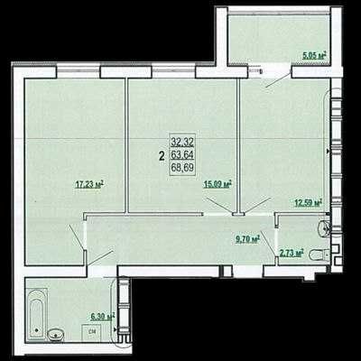 Продажа 2-комнатной квартиры 69 м²