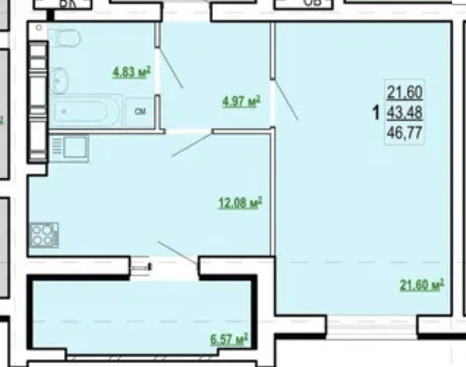 Продаж 1-кімнатної квартири 47 м²