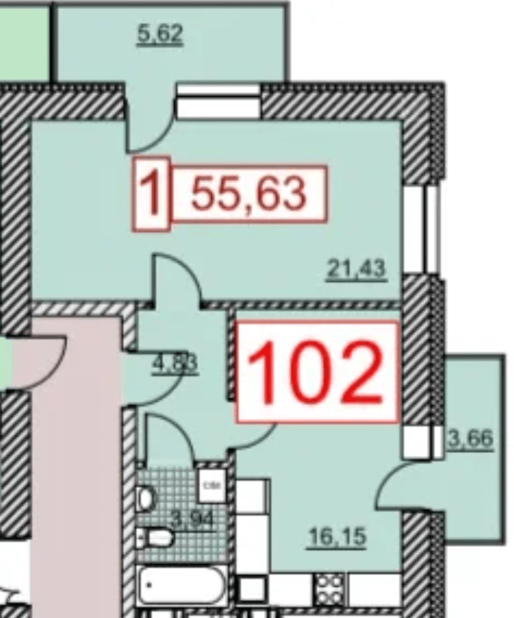 Продаж 1-кімнатної квартири 56 м²