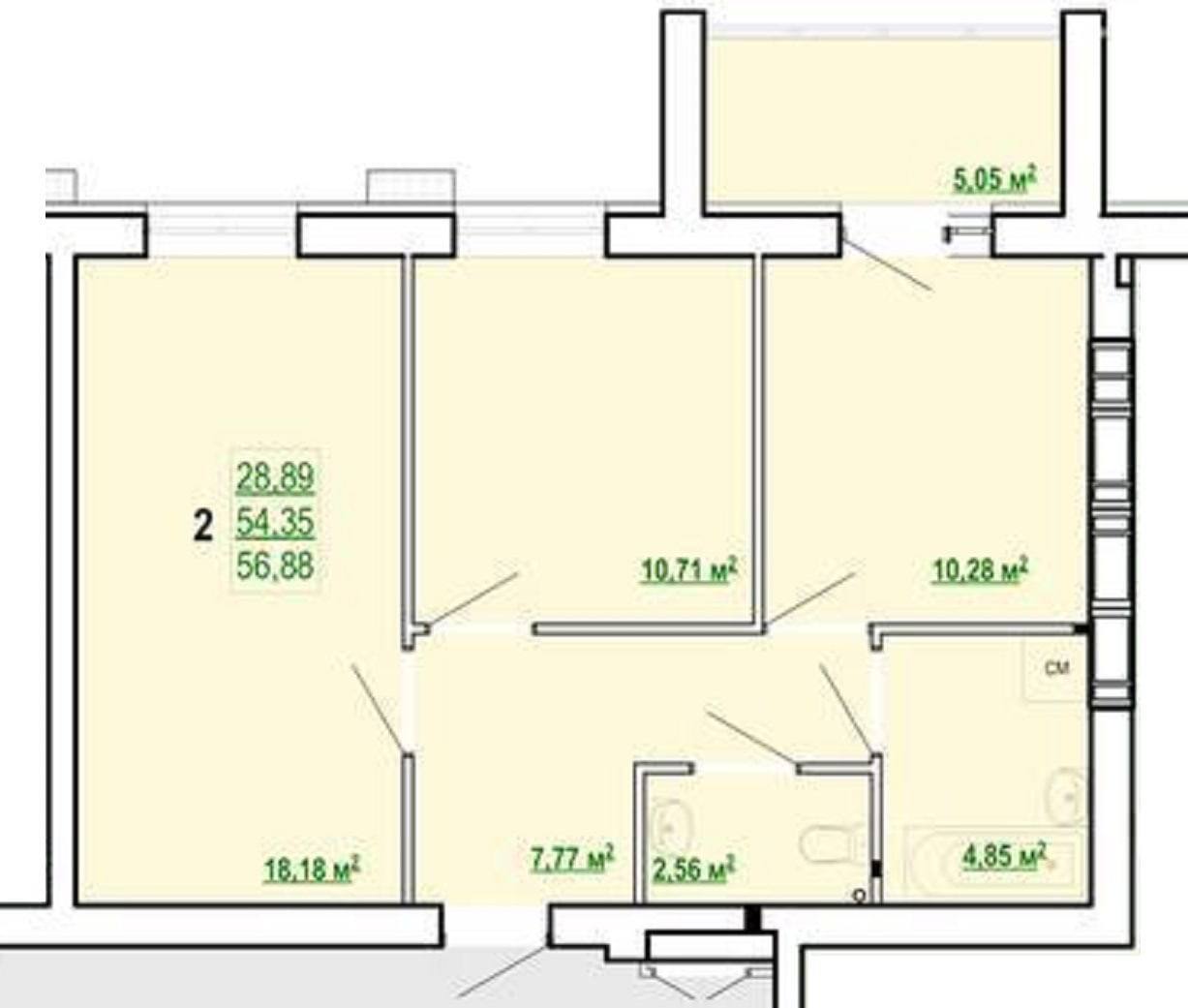Продажа 2-комнатной квартиры 56.88 м²