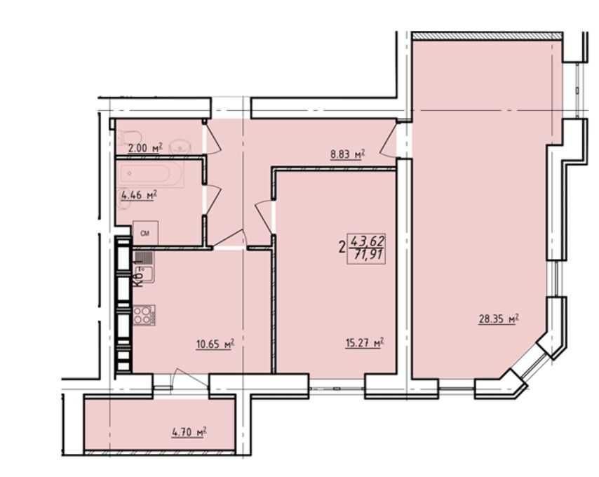 Продажа 2-комнатной квартиры 71 м²