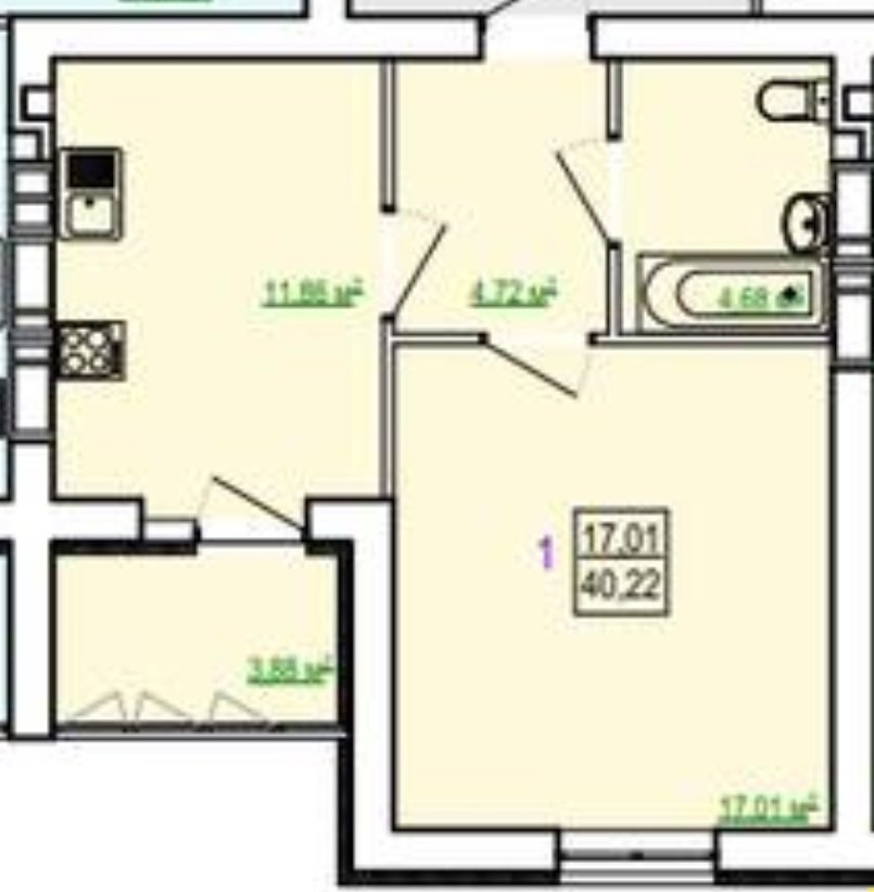 Продаж 1-кімнатної квартири 40.22 м²