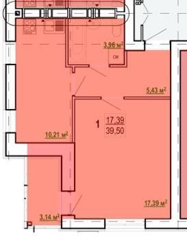 Продаж 1-кімнатної квартири 39 м²