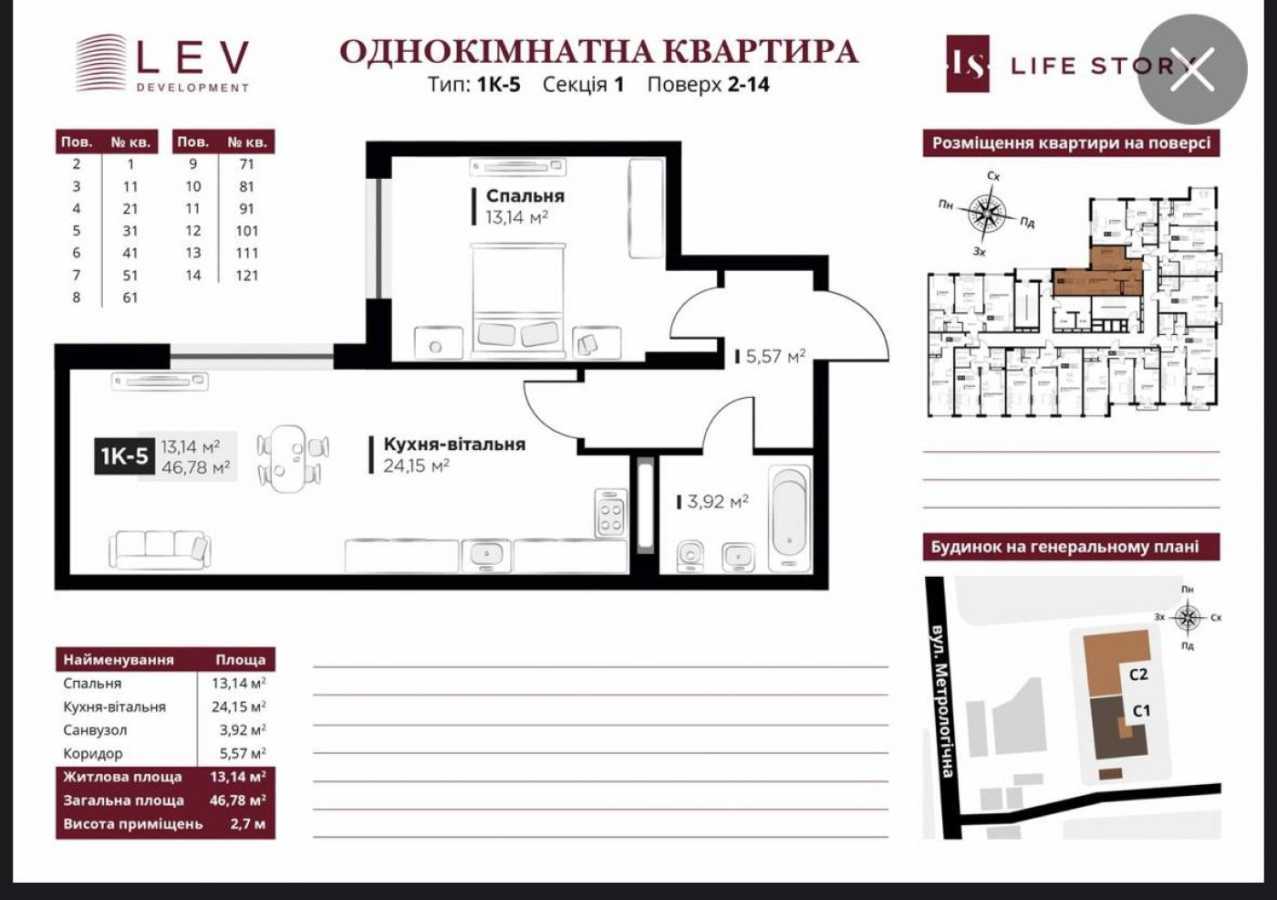 Продаж 1-кімнатної квартири 47 м², Метрологічна вул., 13