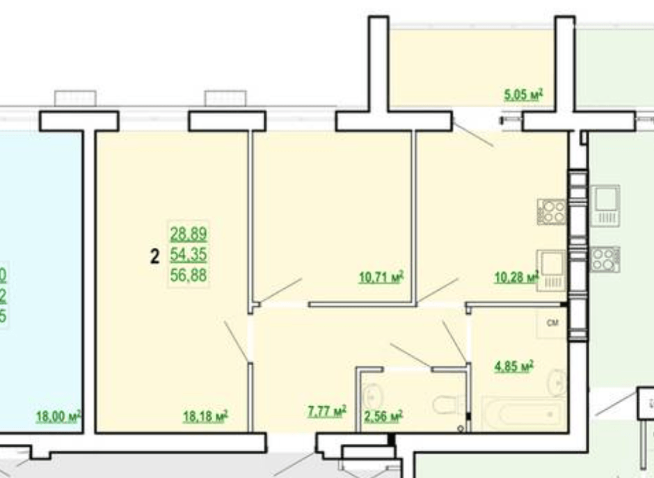 Продажа 2-комнатной квартиры 57 м²