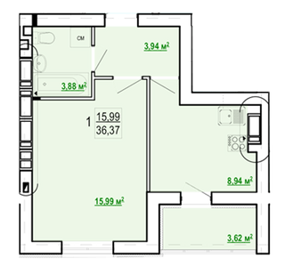 Продаж 1-кімнатної квартири 38 м²