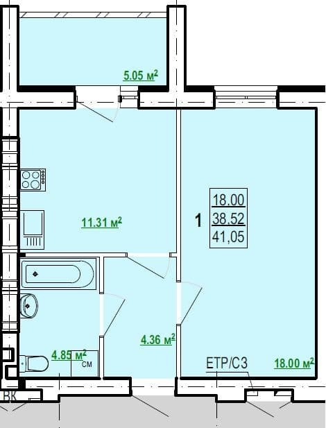 Продаж 1-кімнатної квартири 41 м²