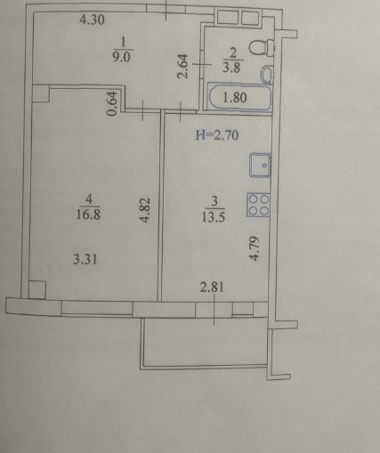 Продаж 1-кімнатної квартири 44 м²