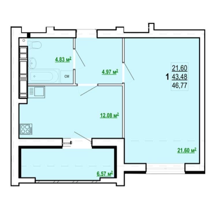 Продажа 1-комнатной квартиры 48 м²