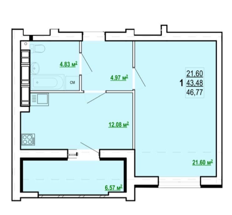 Продаж 1-кімнатної квартири 47 м²