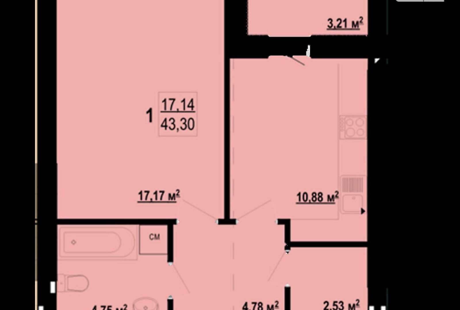 Продаж 1-кімнатної квартири 43 м²