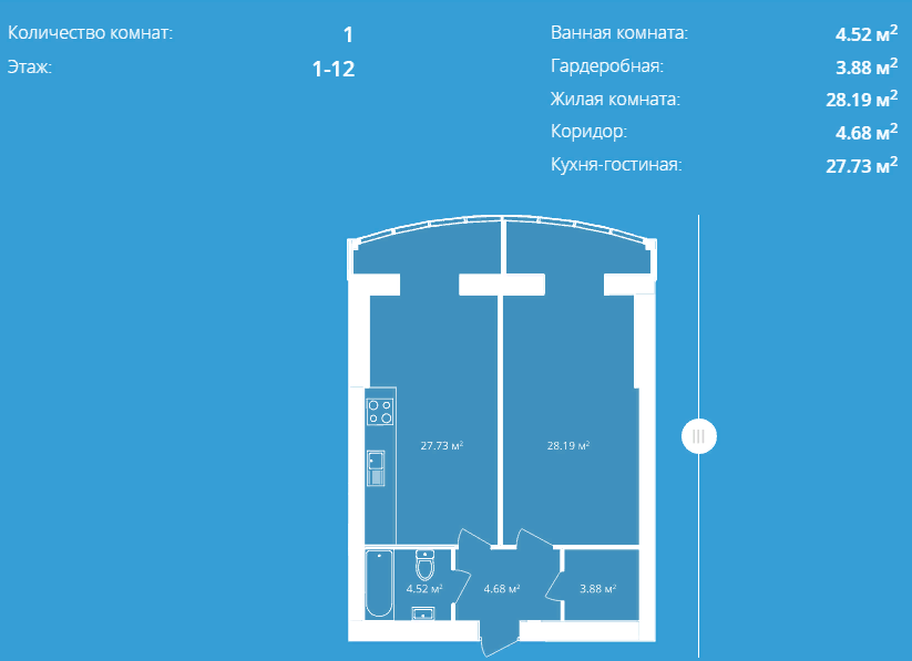 Продажа 1-комнатной квартиры 60 м²