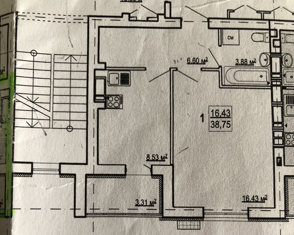 Продаж 1-кімнатної квартири 39 м²