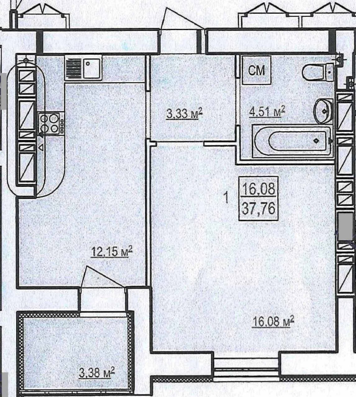 Продажа 1-комнатной квартиры 37.76 м²