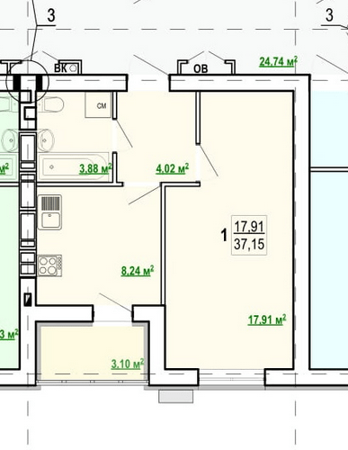 Продажа 1-комнатной квартиры 37 м²